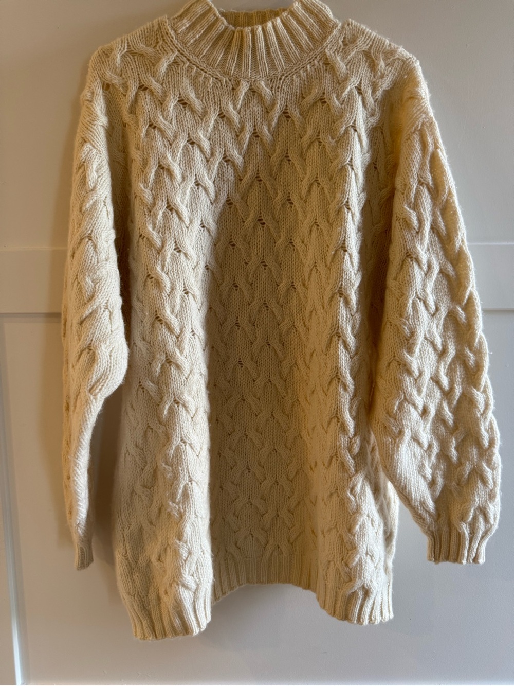 Fisherman Out of Ireland Wool Cashmere Cable Knit Sweater Cream Oversized S
